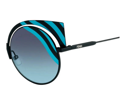 Sunglasses with blue and black striped design on a white background