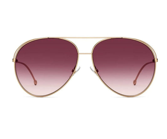 Aviator sunglasses with gold frame and purple gradient lenses on a white background
