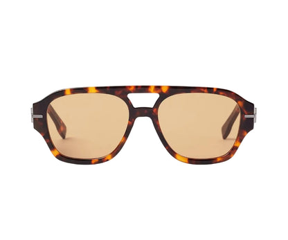 Sunglasses with tortoiseshell frame and brown lenses on a white background