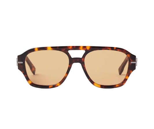 Sunglasses with tortoiseshell frame and brown lenses on a white background