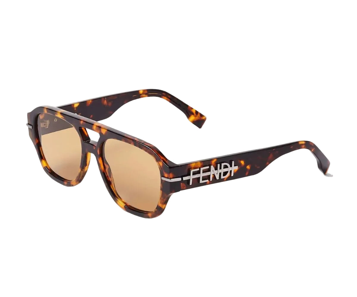 Fendi sunglasses with tortoiseshell frame and brown lenses on a white background