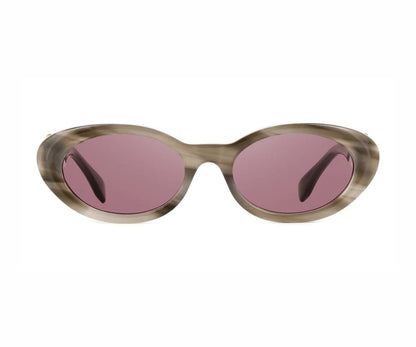 Sunglasses with pink lenses and a brown frame on a white background