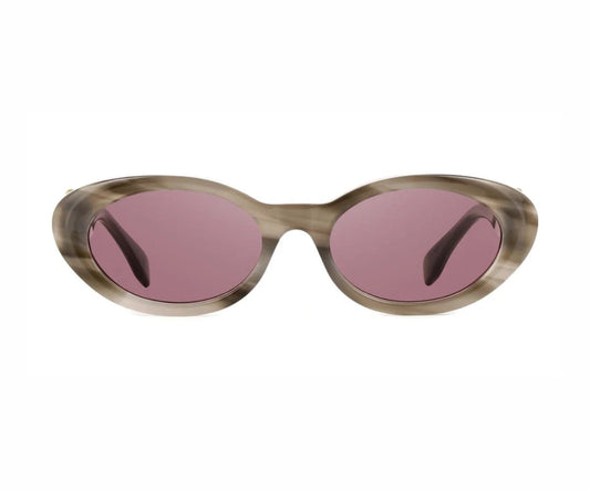 Sunglasses with pink lenses and a brown frame on a white background