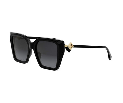 Black sunglasses with gold accents on a white background