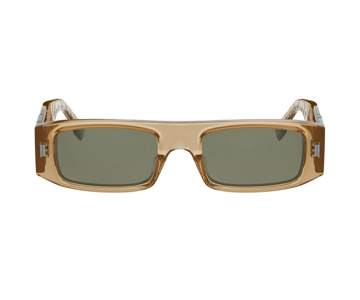 Sunglasses with a brown frame and dark lenses on a white background
