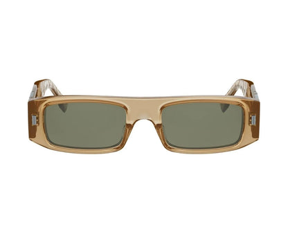 Sunglasses with a brown frame and dark lenses on a white background
