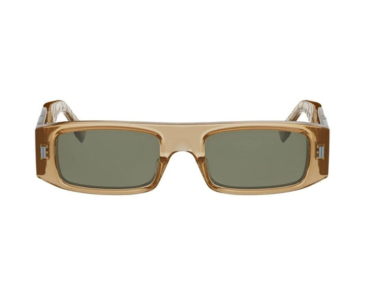 Sunglasses with a brown frame and dark lenses on a white background
