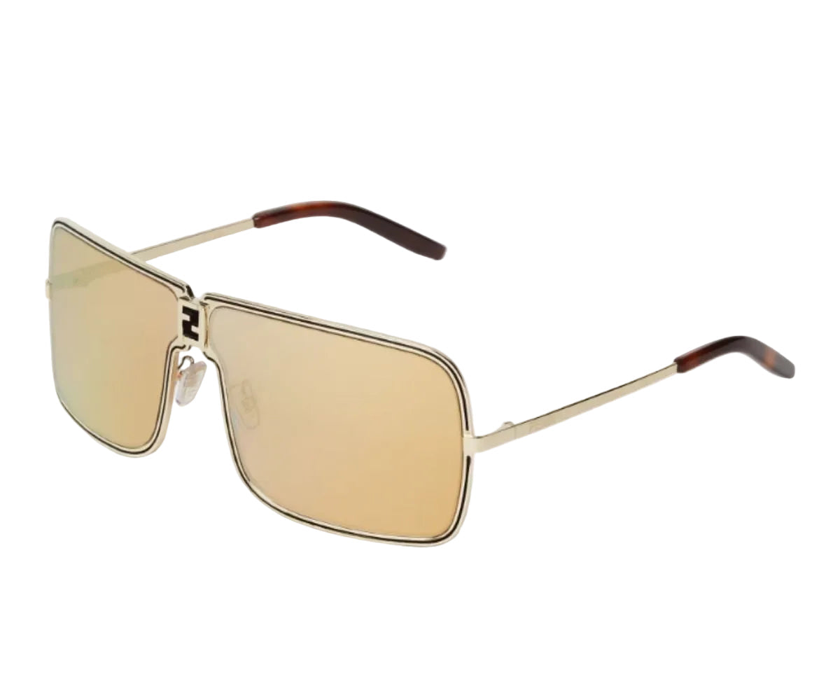 Gold sunglasses with a reflective lens on a white background