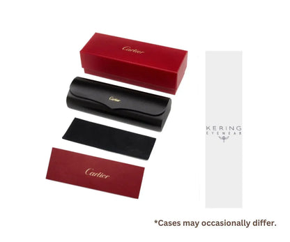 Cartier eyewear cases including a red box, black case, and a white pouch on a white background.