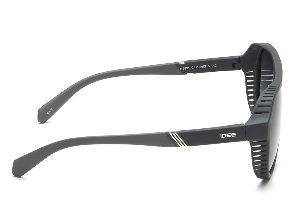 Black sunglasses with IDEE branding on a white background