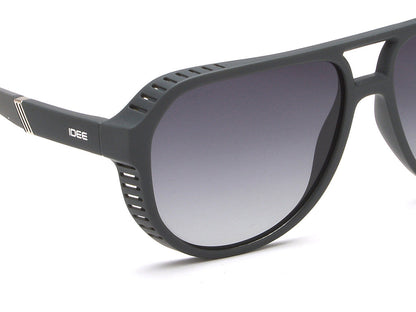 Sunglasses with a black frame and gradient lens on a white background