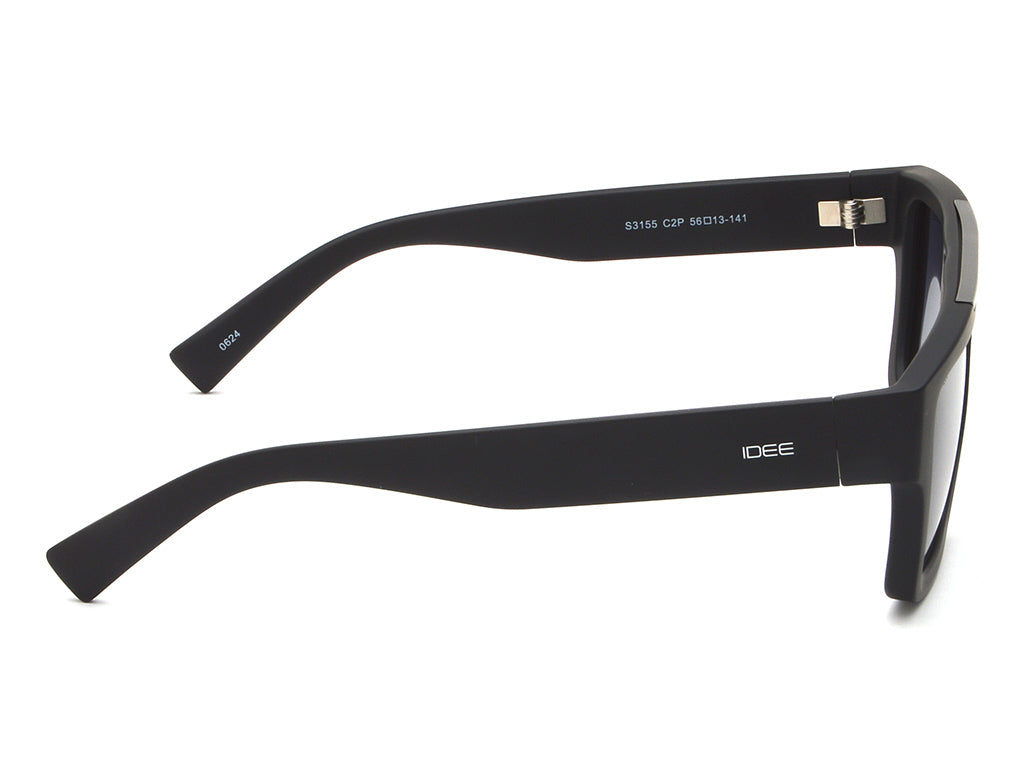 Black sunglasses with IDEE branding on a white background