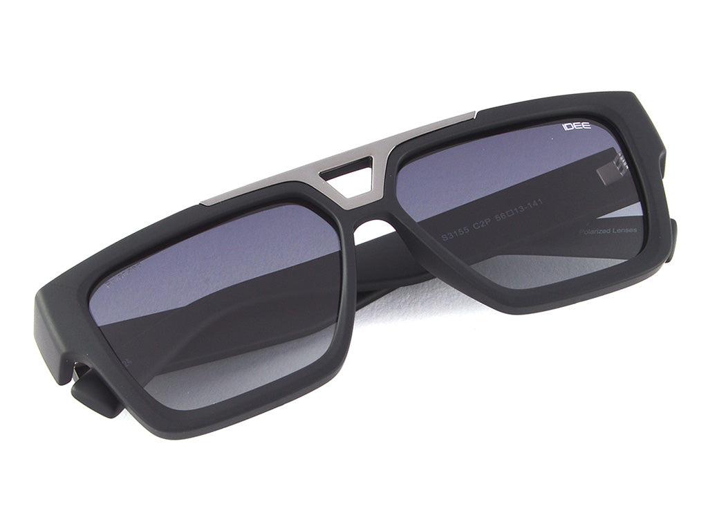 Black sunglasses with a reflective surface on a white background