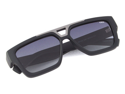Black sunglasses with a reflective surface on a white background
