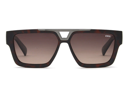 Sunglasses with a tortoiseshell frame and gradient lenses on a white background