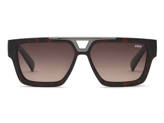 Sunglasses with a tortoiseshell frame and gradient lenses on a white background
