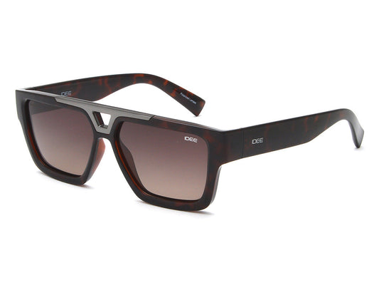 Sunglasses with a tortoiseshell frame and gradient lenses on a white background