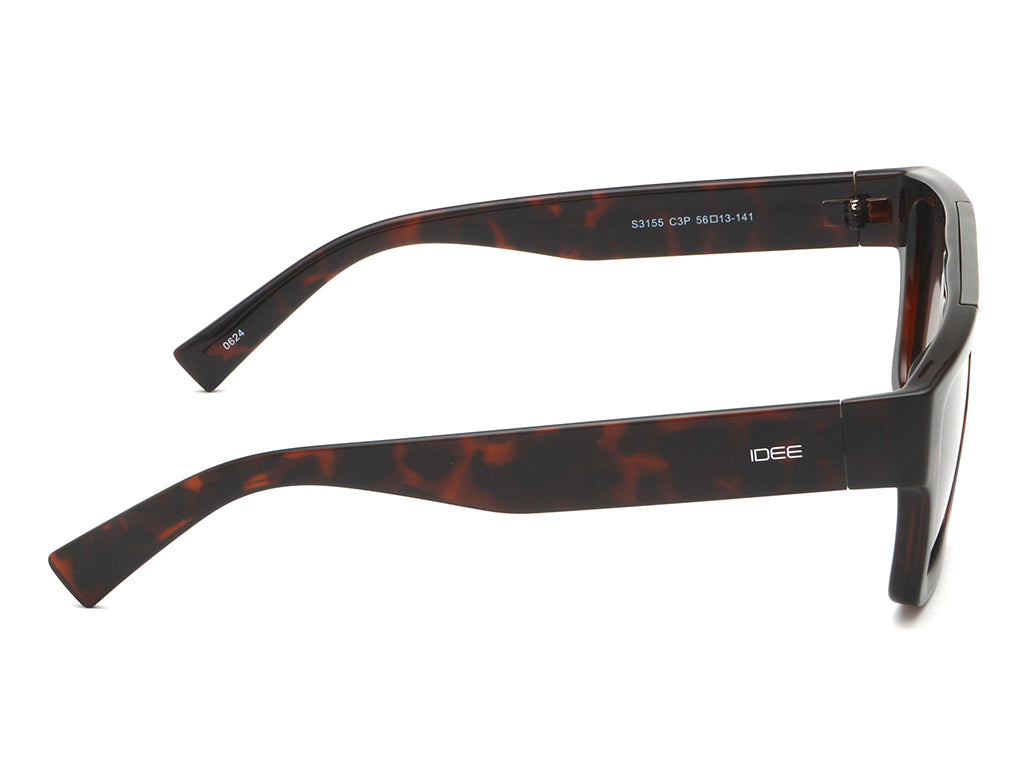 Sunglasses with tortoiseshell frame and IDEE logo on a white background