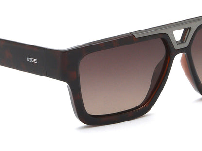 Sunglasses with tortoiseshell frame and dark lenses on a white background