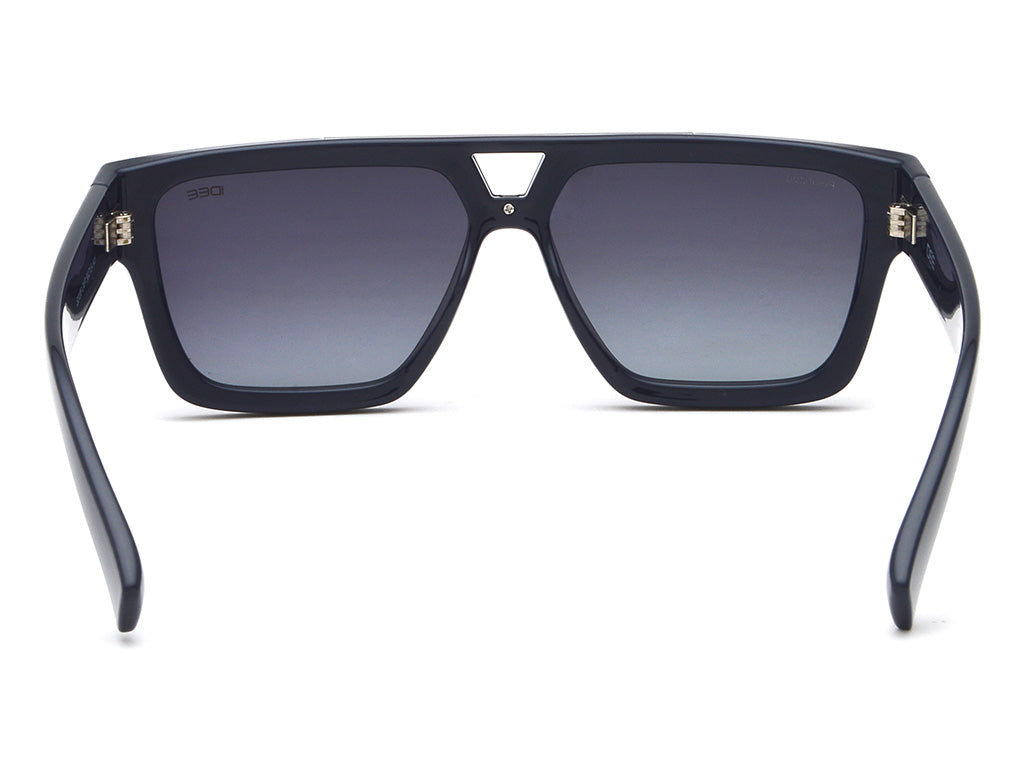 Black sunglasses with gold accents on a white background