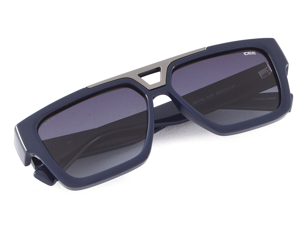 Sunglasses with dark lenses and blue frames on a white background