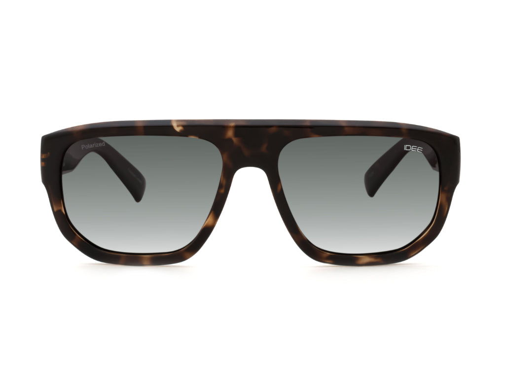 Sunglasses with tortoiseshell frame and dark lenses on a white background