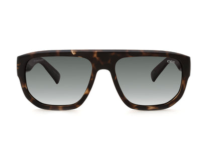 Sunglasses with tortoiseshell frame and dark lenses on a white background