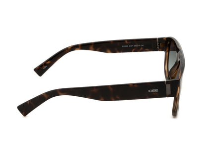 Sunglasses with tortoiseshell frame and dark lenses on a white background