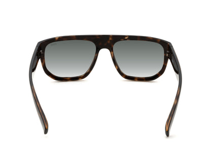Sunglasses with tortoiseshell frame and dark lenses on a white background