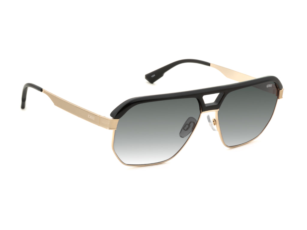 Sunglasses with black and gold frame on a white background