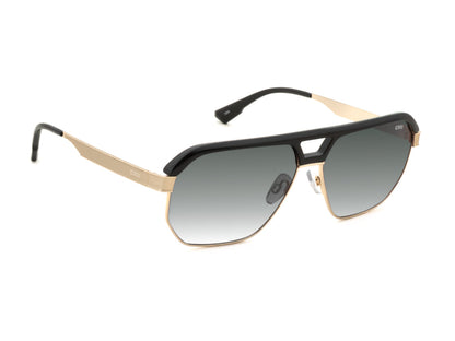 Sunglasses with black and gold frame on a white background