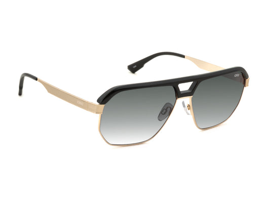 Sunglasses with black and gold frame on a white background