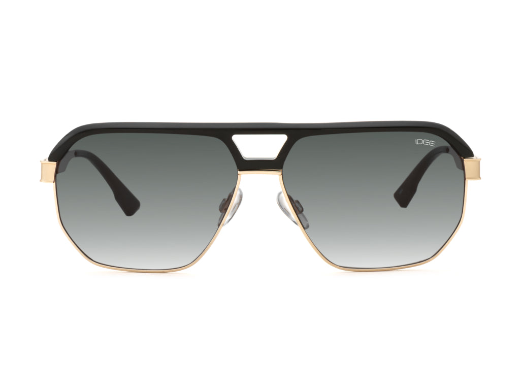 Sunglasses with black frame and gradient lenses on a white background