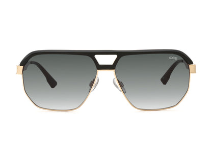 Sunglasses with black frame and gradient lenses on a white background