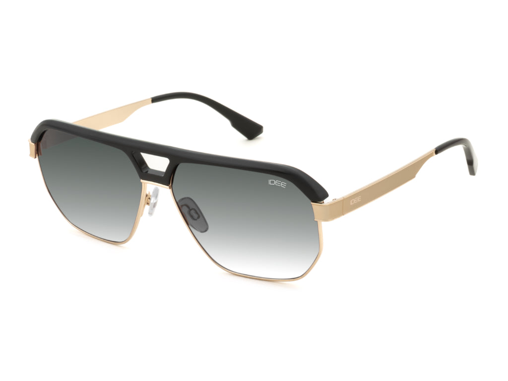 Sunglasses with black and gold frame on a white background