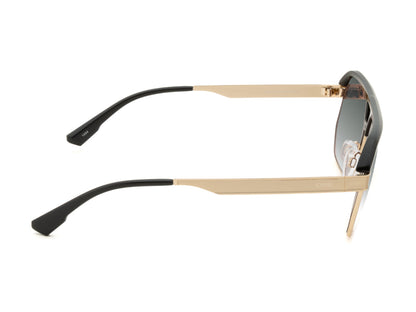 Sunglasses with gold frame and black arms on a white background