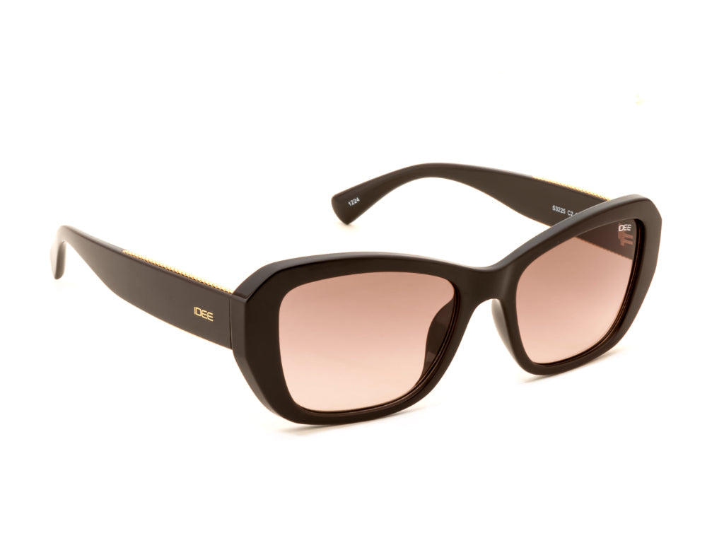 Sunglasses with brown frame and pinkish-brown lenses on a white background