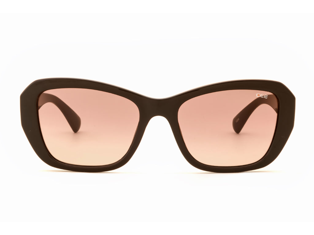 Sunglasses with brown frame and pink-tinted lenses on a white background
