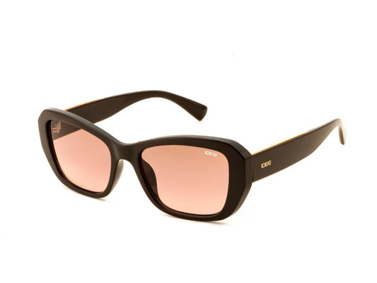 Sunglasses with brown frame and pink lenses on a white background