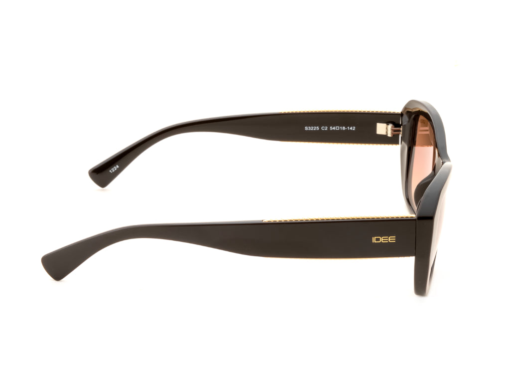 Sunglasses with black frame and rose gold details on a white background