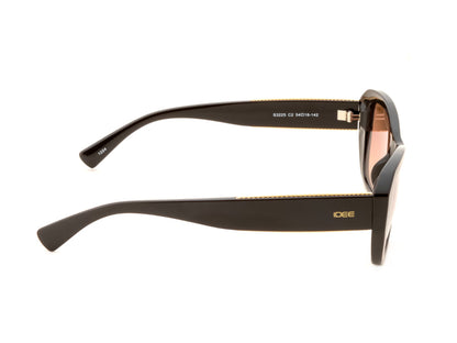 Sunglasses with black frame and rose gold details on a white background