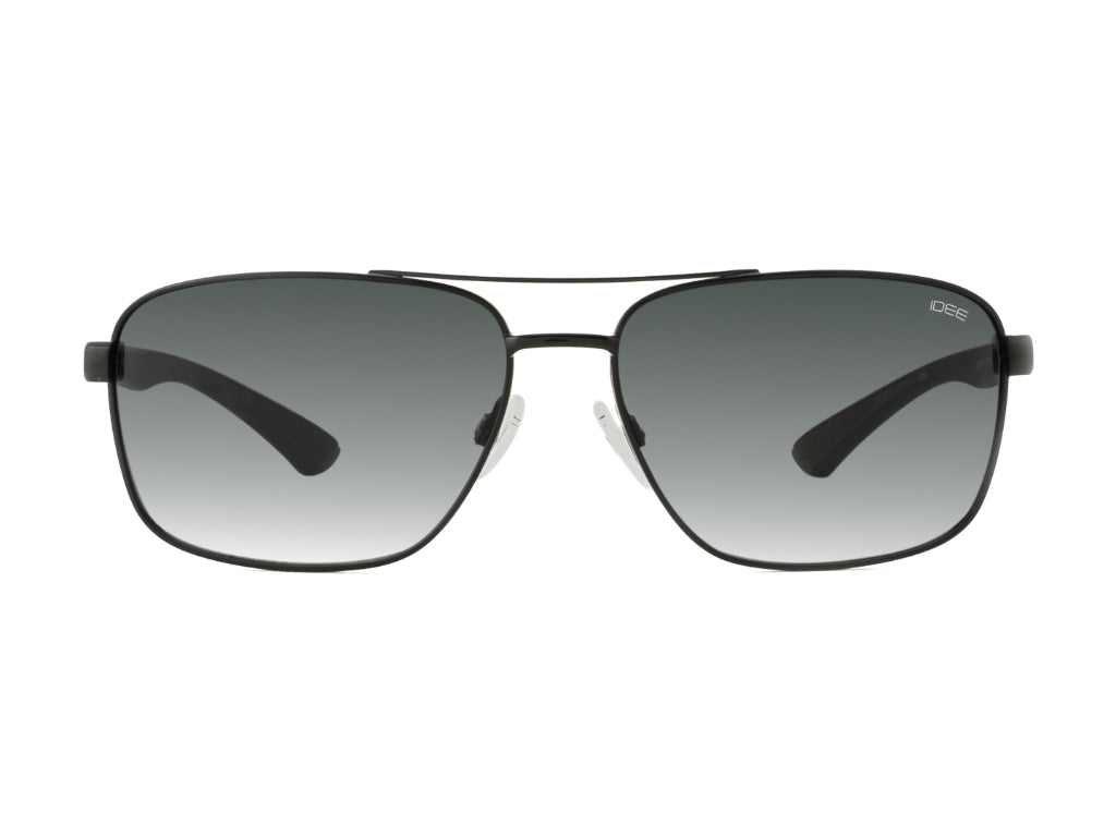 Sunglasses with a black frame and gradient lenses on a white background