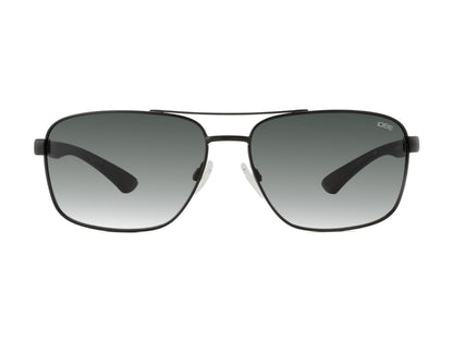 Sunglasses with a black frame and gradient lenses on a white background