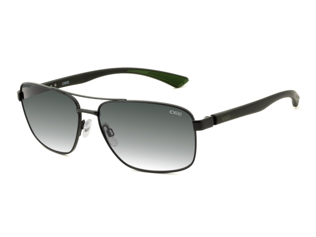 Sunglasses with black frame and gradient lenses on a white background