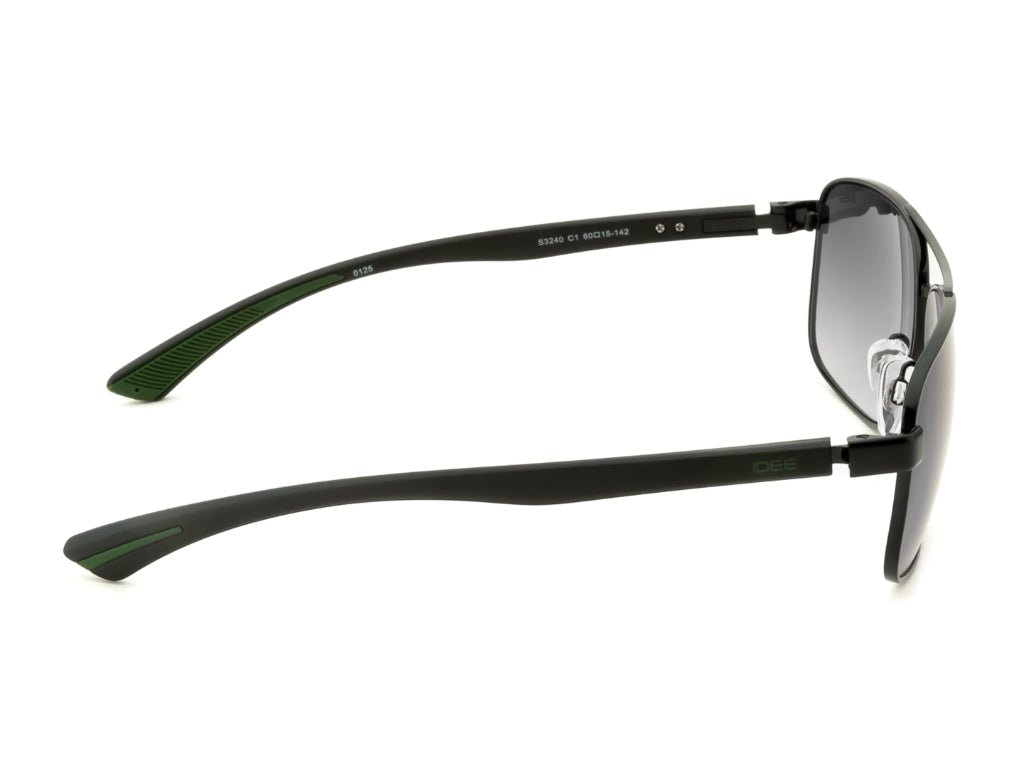 Black sunglasses with reflective lenses on a white background