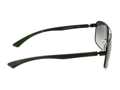 Black sunglasses with reflective lenses on a white background