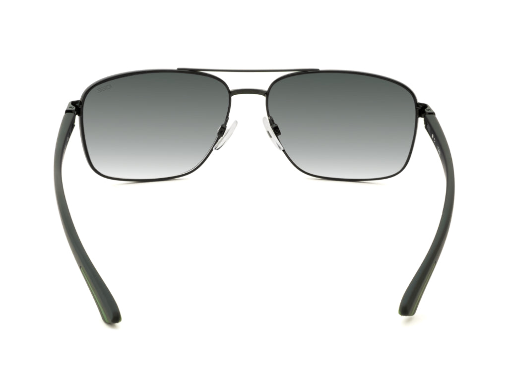Sunglasses with black frame and gradient lenses on a white background