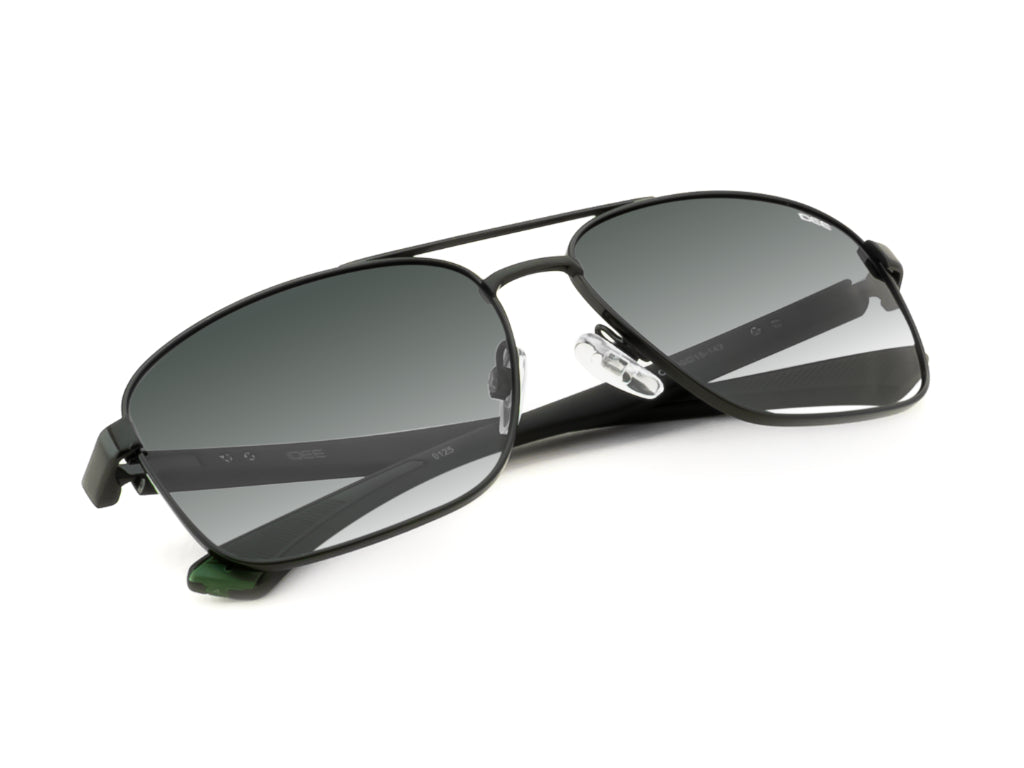 Aviator sunglasses with dark lenses on a white background