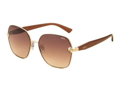 Sunglasses with gold frame and brown gradient lenses on a white background