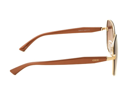 Sunglasses with brown frame and gold accents on a white background